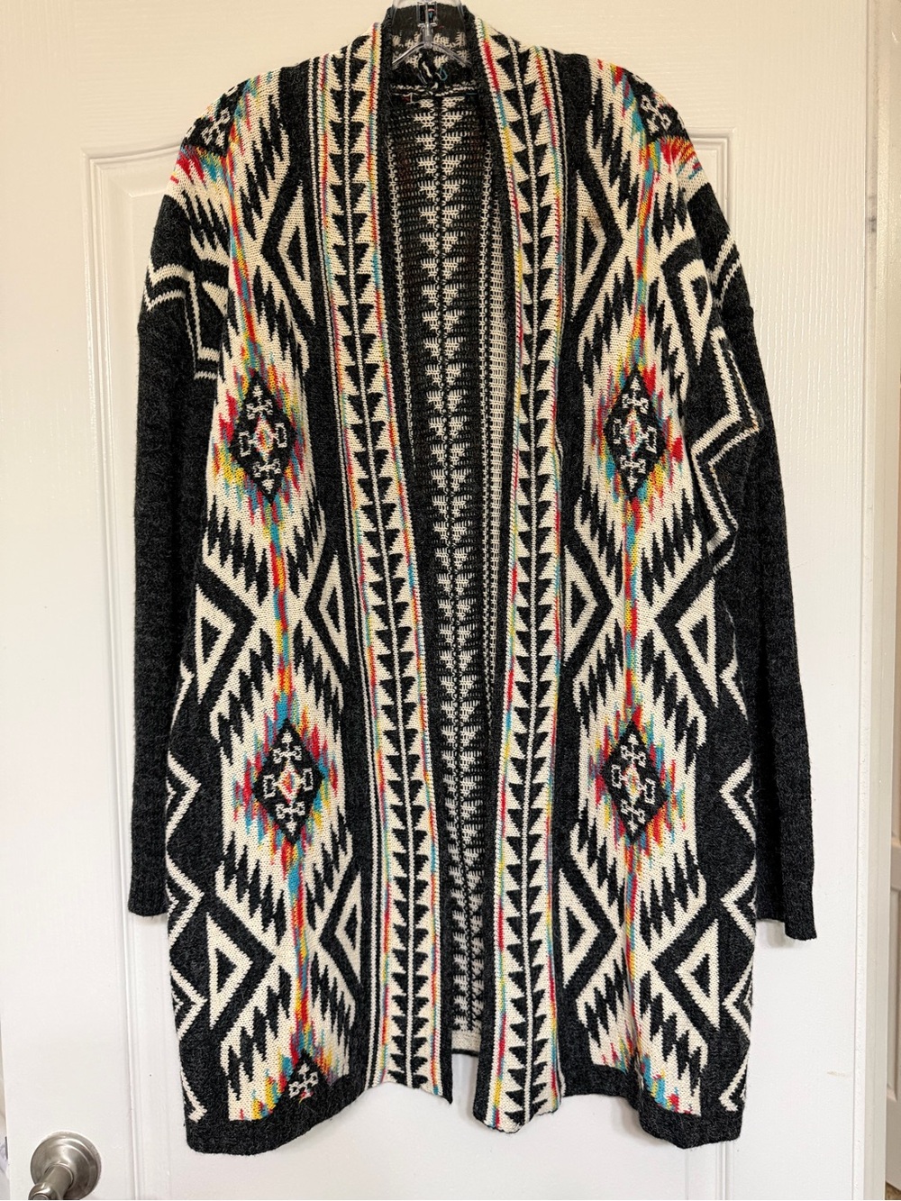 Aztec Southwestern Open Front Long Cardigan Black Cream Boho Oversized Knit